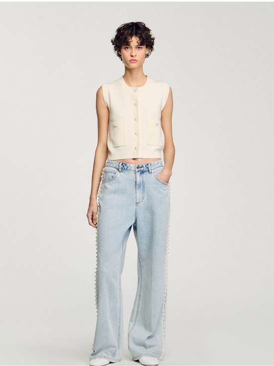 Sandro Tops - Sandro Cream Cropped Sleeveless Cardigan with Pearl Buttons